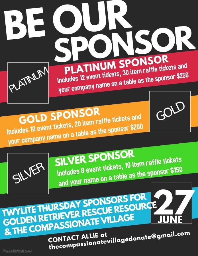 Sponsorship information for Twylite Thursday fundraising event for Golden Retriever Rescue Resource