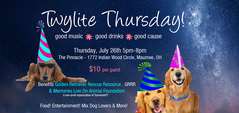 Golden Retrriever Rescue Resource Twylite Thursday non-profit fundraising event. Helps the medical bills of rescued dogs at Golden Retriever Rescue Resource, a non-profit golden retriever rescue, serving Ohio, Michigan and Indiana.