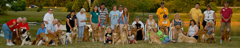 Golden Retriever Rescue Resource picnic reunion photo of golden retrievers and their adoptive families.